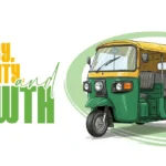 A colorful tuk-tuk in green and yellow, showcasing the terms "strategy," "creativity," and "growth" in bold lettering.