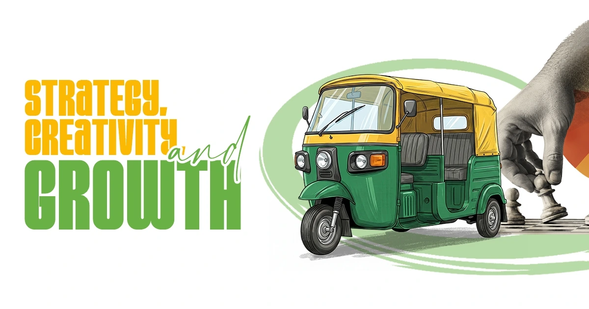 A colorful tuk-tuk in green and yellow, showcasing the terms "strategy," "creativity," and "growth" in bold lettering.