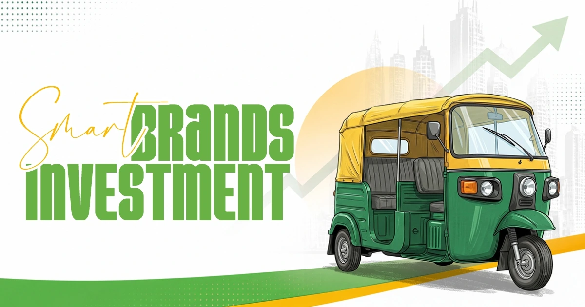 A colorful tuk-tuk in green and yellow with "Smart Brands Investment"