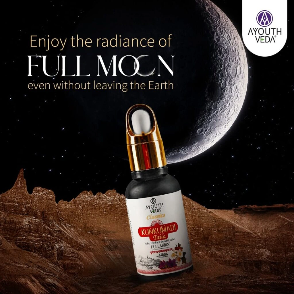 Kunkumadi Tailam bottle displayed under a full moon by Ayouthveda