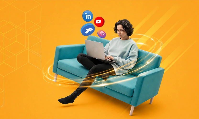 digital marketing concept showing a laptop user connected to major social media platforms