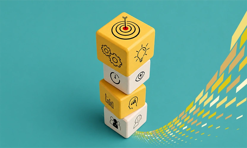 Colorful strategy cubes with business icons and a flowing pattern symbolizing digital growth
