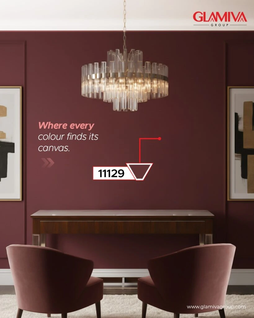 Glamiva laminate in shade 11129 showcased on an elegant burgundy interior wall