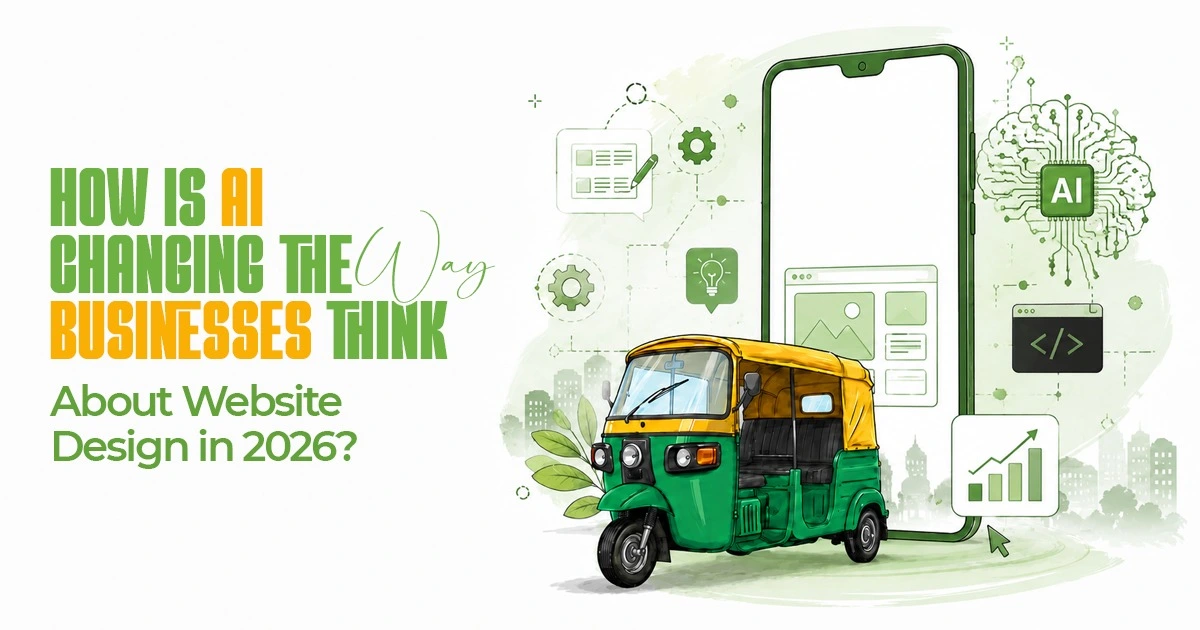 Modern web design concept showing AI, mobile interfaces and data-driven business solutions in 2026.