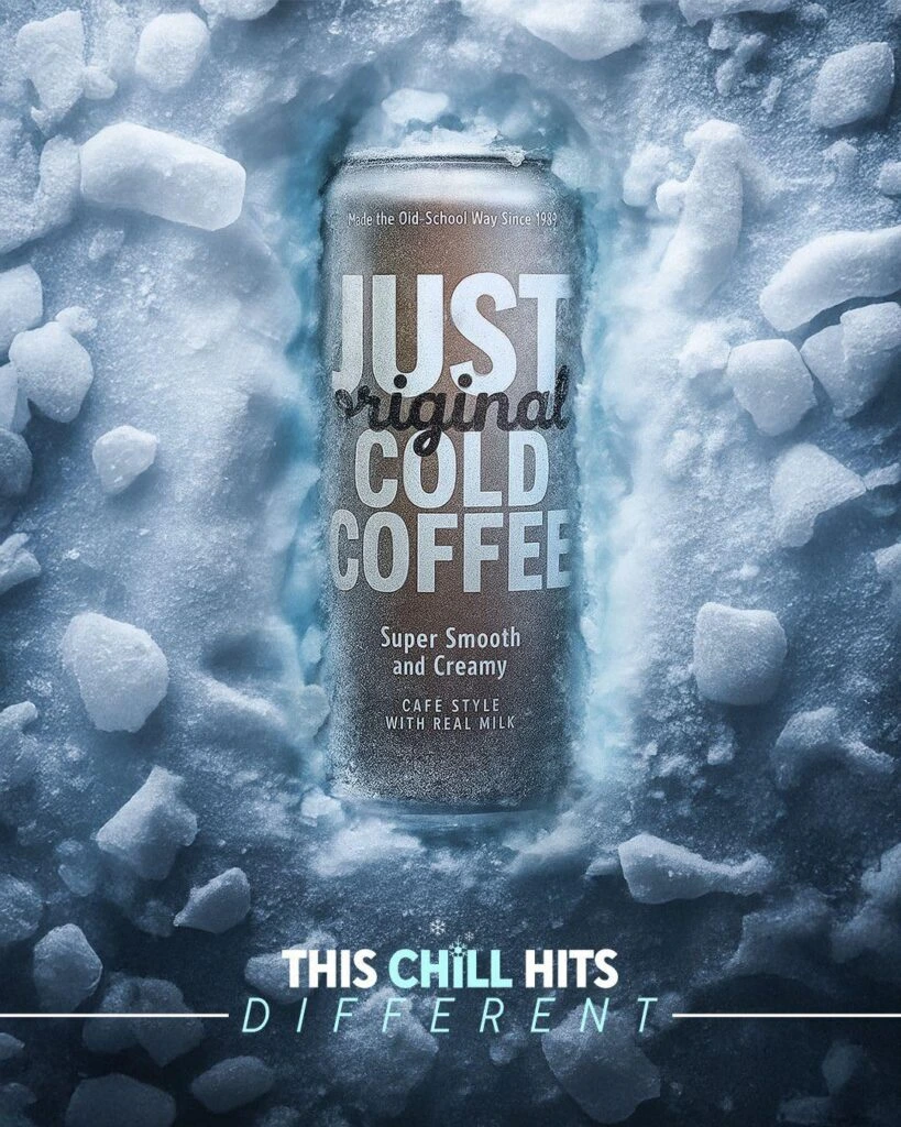 Just Original Cold Coffee can featuring a smooth and creamy cafe-style coffee drink