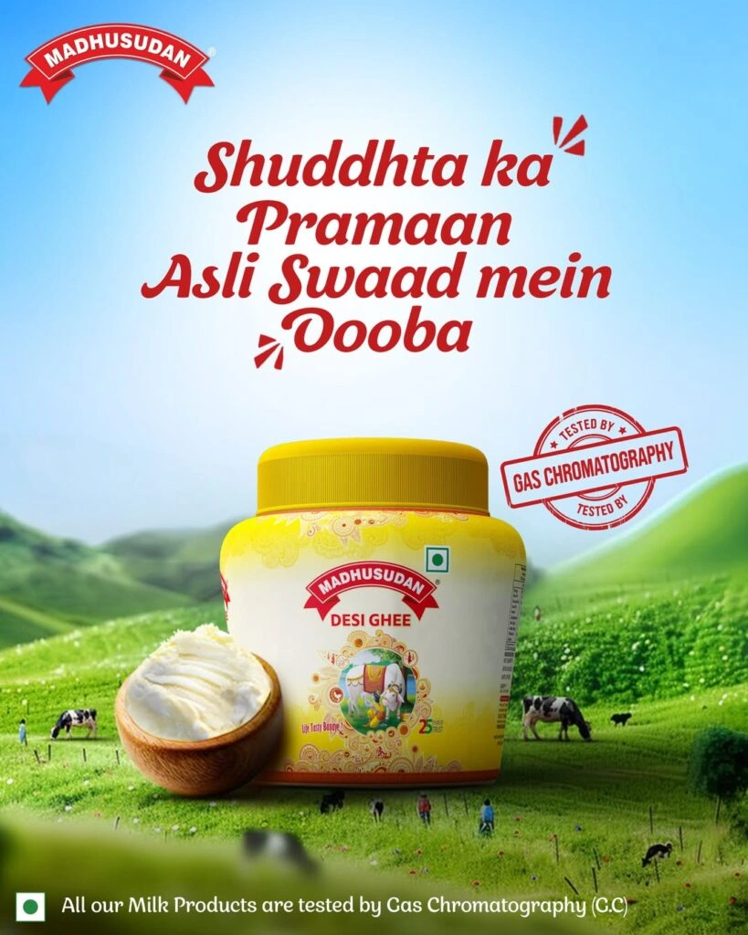 Madhusudan Desi Ghee showcasing purity and authentic taste with a dairy farm backdrop