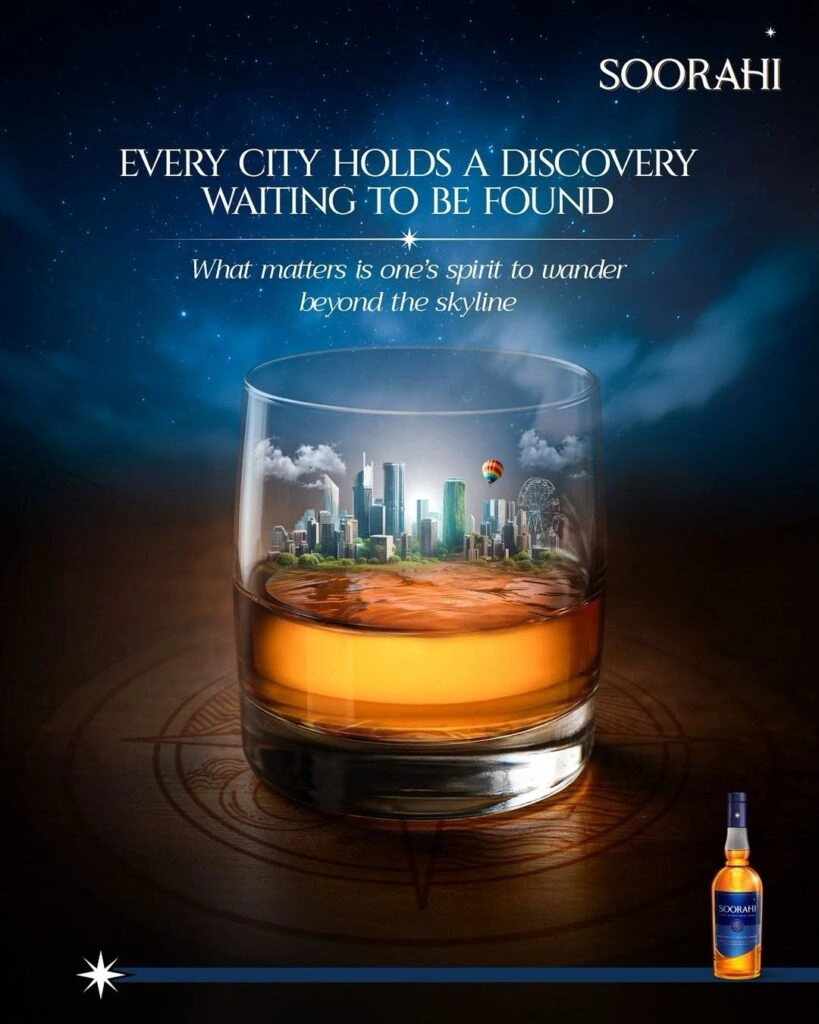 Soorahi whisky bottle and glass representing discovery and adventure