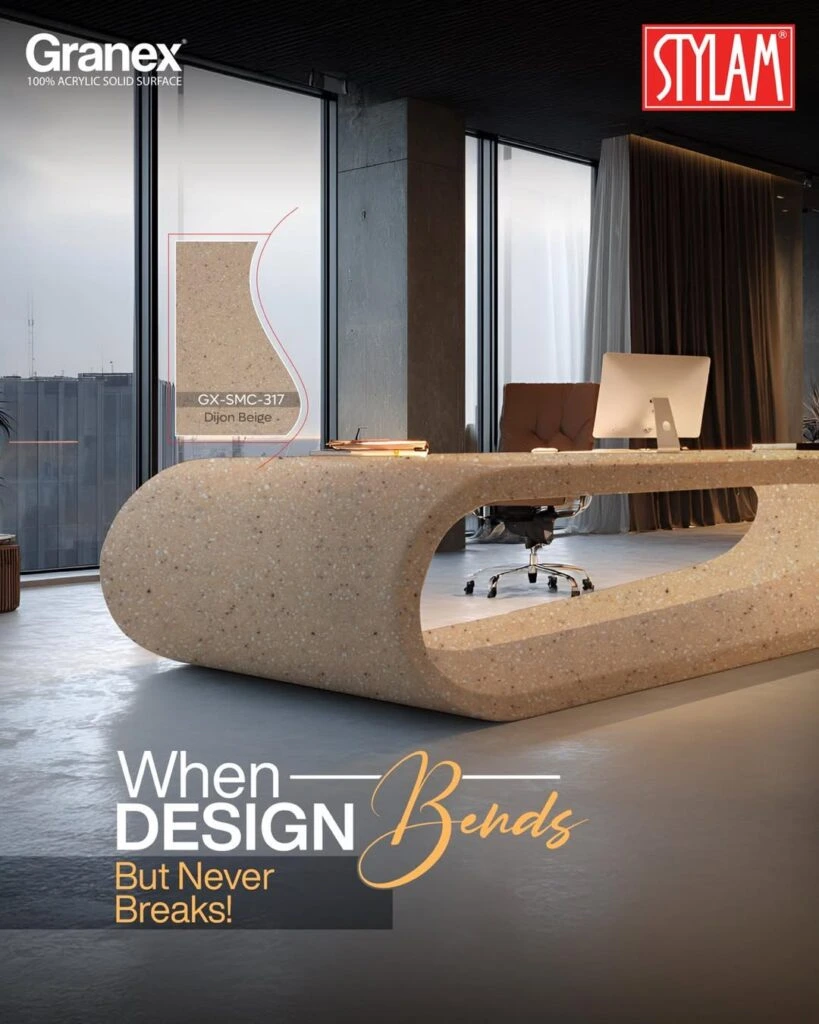 Contemporary curved office desk designed with Granex solid surface material