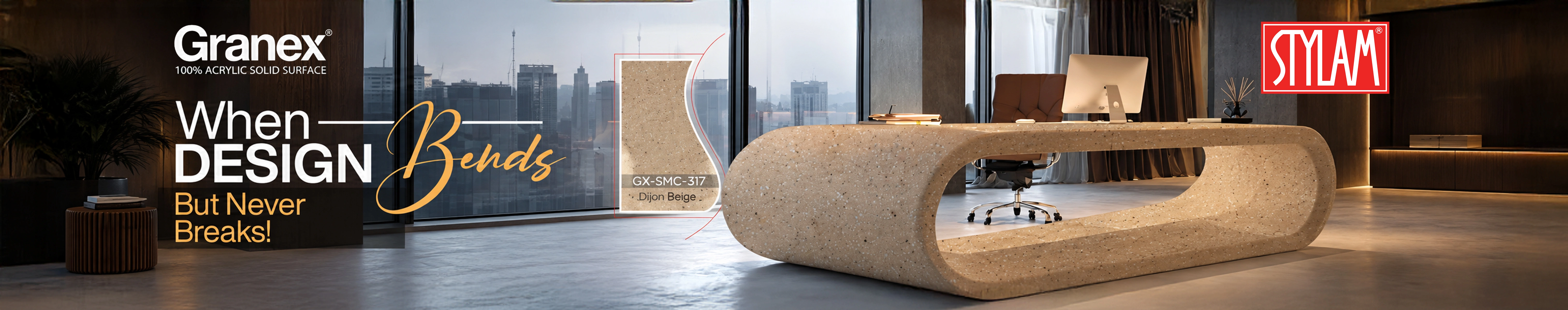 Stylam Granex GX-SMC-317 Dijon Beige acrylic solid surface used for a curved modern office desk