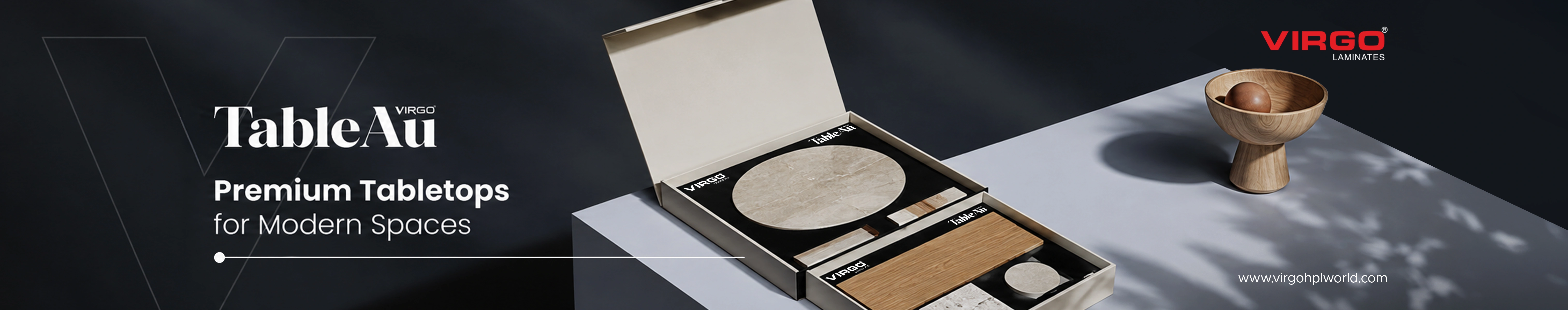 Virgo TableAut premium tabletops with modern wood and stone finishes