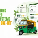 A green auto rickshaw beside a phone showing brand system elements, emphasizing creative systems for brands.