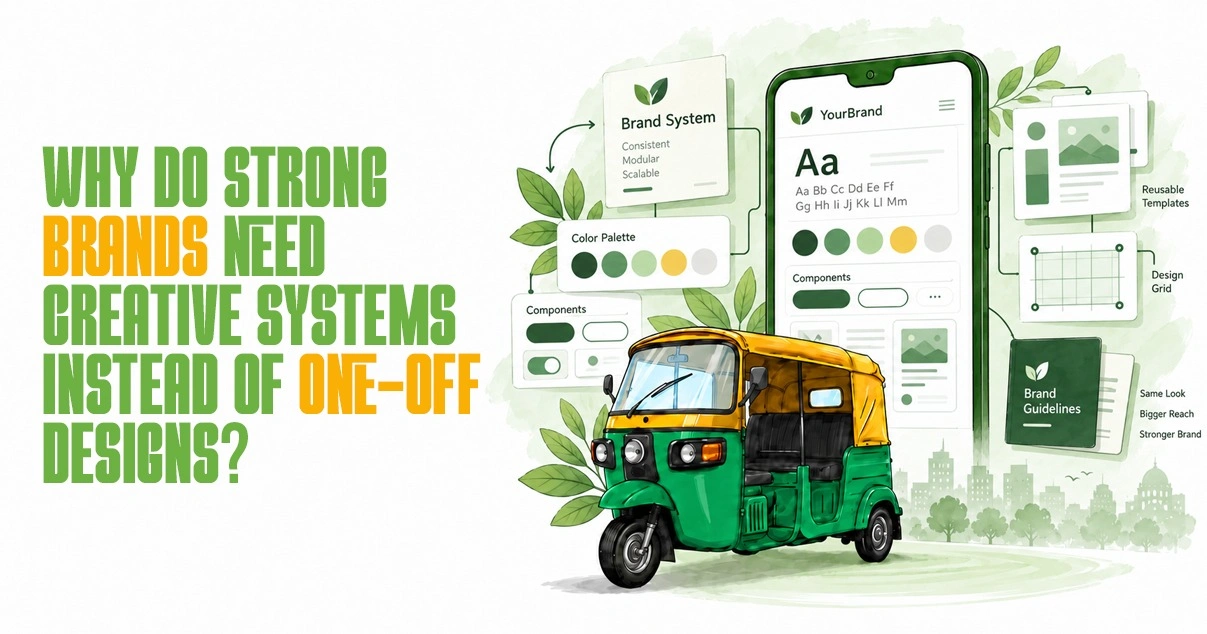 A green auto rickshaw beside a phone showing brand system elements, emphasizing creative systems for brands.