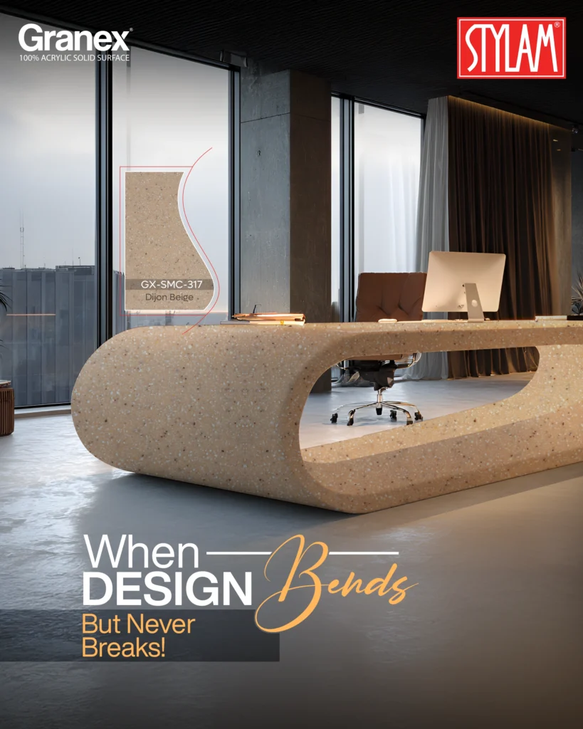 Curved beige terrazzo office desk made with Granex surface
