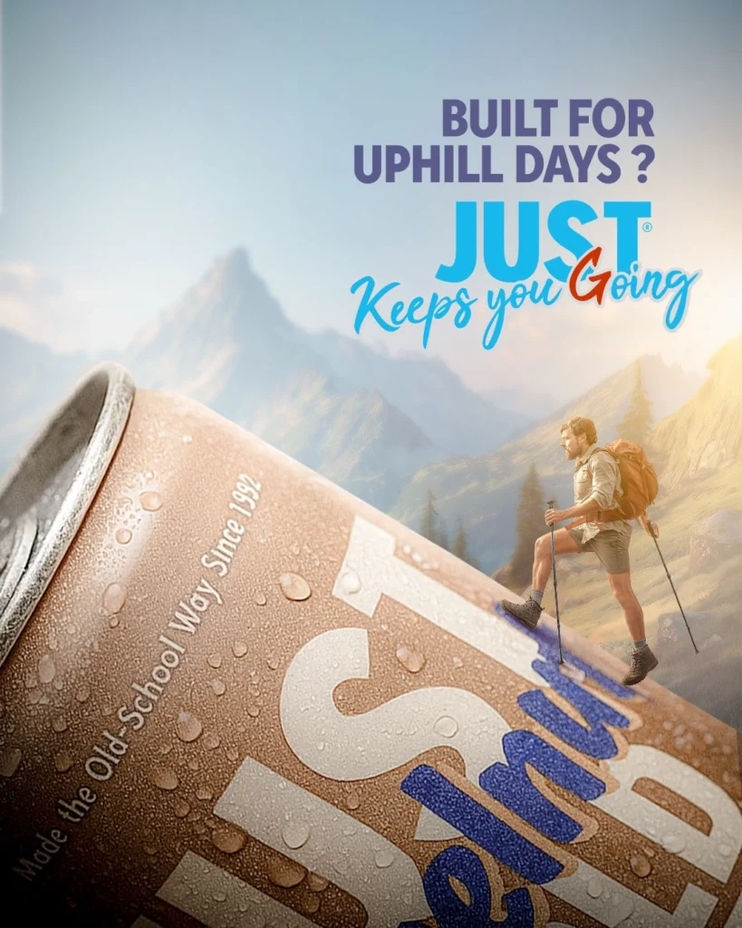 Close up of JUST Hazelnut Cold Coffee can in the hills