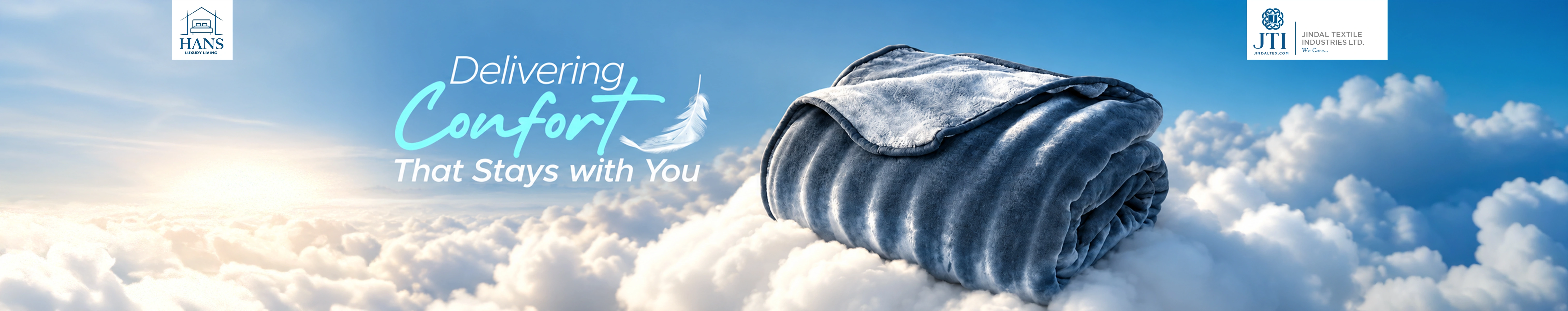 Soft blue luxury blanket resting on clouds, representing warmth, comfort, and lasting softness.