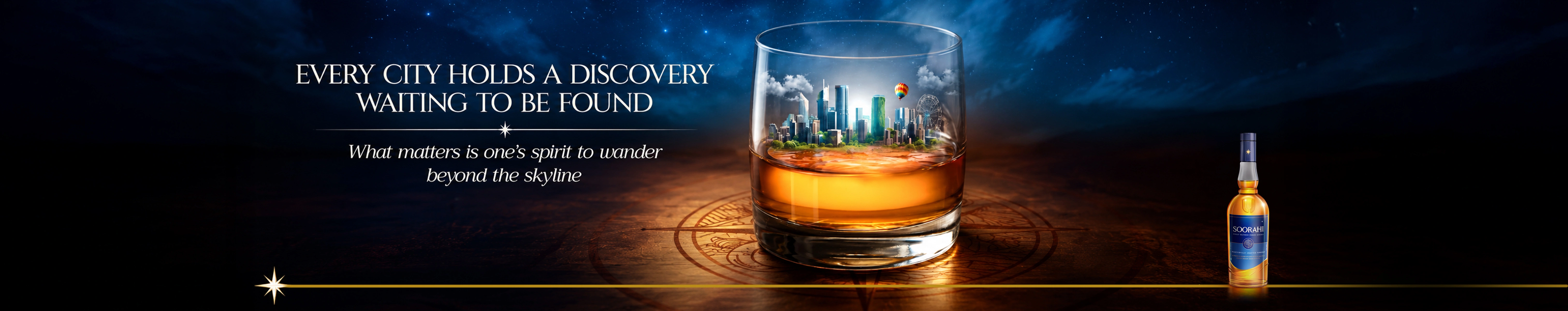 Soorahi whisky bottle and glass displayed with a miniature city skyline, creating a sophisticated travel-inspired scene.