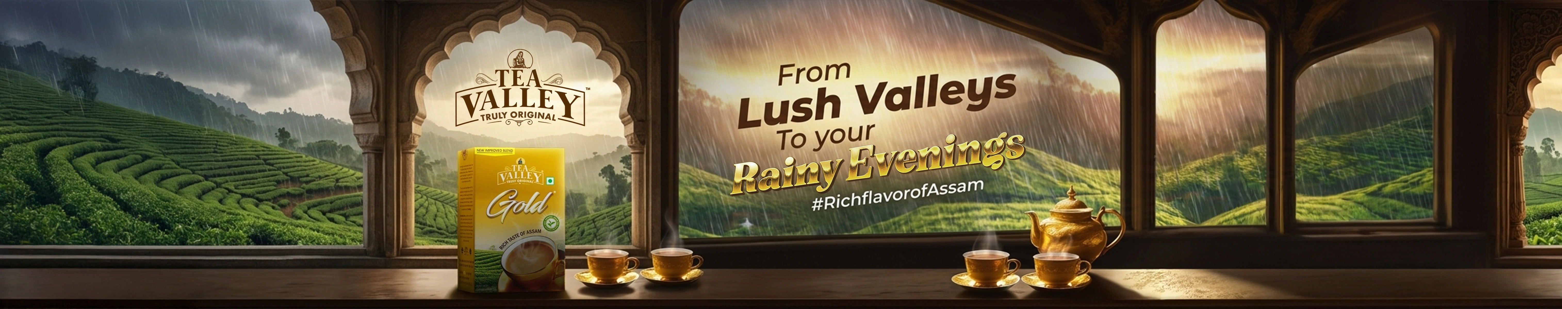 Tea Valley Gold ad with rainy tea plantation background